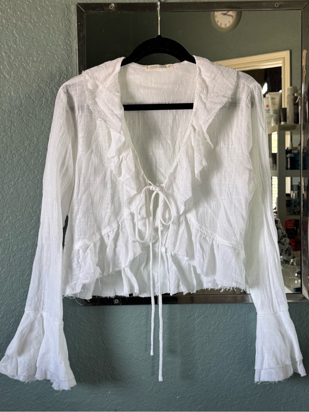 NWT 100% Cotton 12th Tribe White Ruffle Tie-Front Blouse Size Large